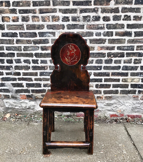 Antique Chinese Chair Hand Painted Hummingbird, Ming Dynasty Carved Wood Bench Chair, Asian Side Atomchicago