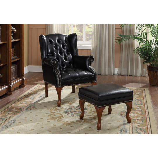 Coaster Company Black Vinyl and Cherry Finish Tufted Wing Chair and Ottoman Set - 2-Piece