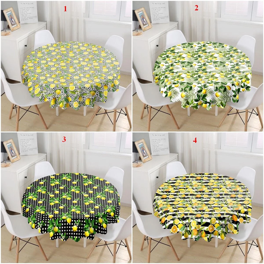 Lemon Round Table Cover, Citrus Cloth, Yellow Green Linen, Print Tablecloth, Leaves Decor, Kitchen Decor Ideas