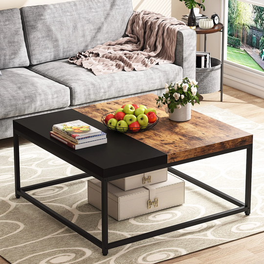 Square Coffee Table Industrial, Rustic Coffee Table for Living Room, Large Accent Center Table Tea Table,Brown