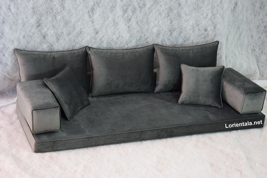 Velvet Dark Gray Floor Sofa Turkish Arabic Living Room, Oriental Moroccan Home Decor Couch, Cushions Pillow, Yoga Meditation Modern Floor Bed
