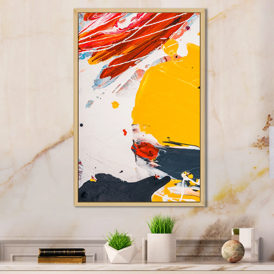 Designart 'Blue Yellow And Red Color Splatters II' Modern Framed Canvas Art Print
