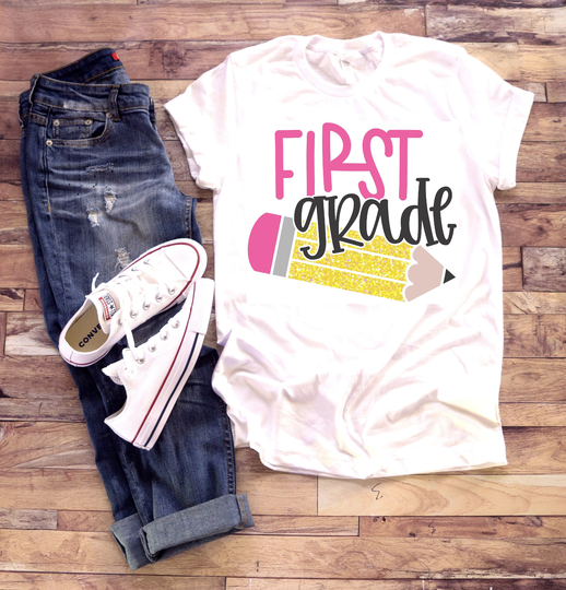 First Grade Shirt | School Shirt Day Of School 1st Little Girl Pencil Going Into