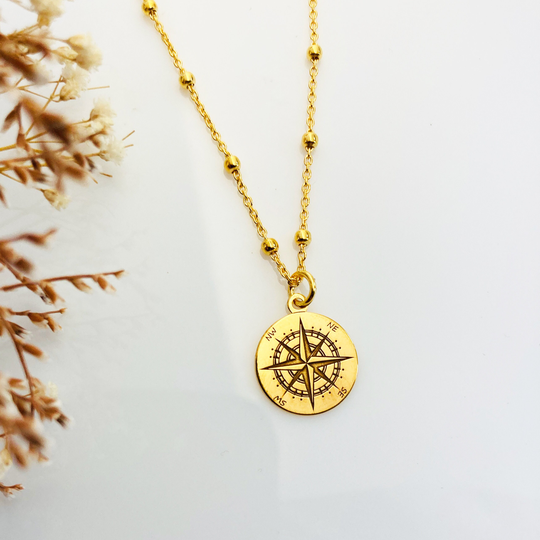 Gold Compass Necklace On Satelite Chain | Elegant Compass Rose Gift For Travel Lovers Unique Graduation Gift
