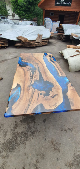 Walnut Dining Table, Custom 78" X 40" Ocean Blue, Turquoise White Waves Epoxy River Order For Leshea