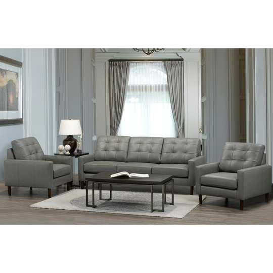 Colt Mid Century Modern Grey Top Grain Italian Leather Tufted Sofa and Two Chairs
