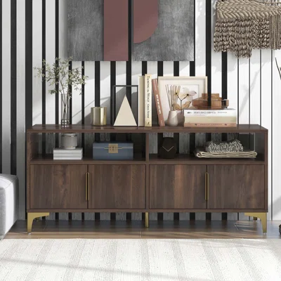 58" L Sideboard With Gold Metal Legs And Handles Sufficient Storage Space Magnetic Suction Doors (Brown)