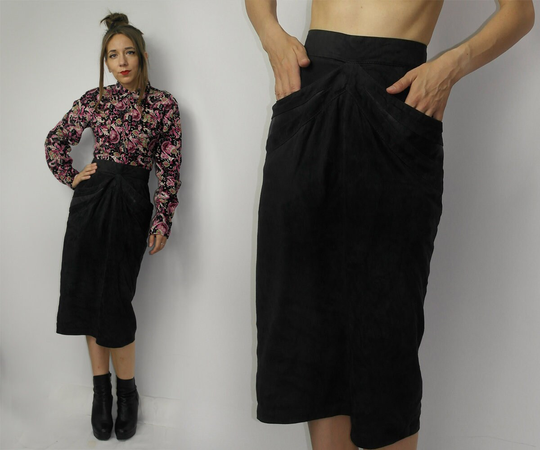 Vintage Leather Skirt/Black Elegant Leather Skirt Dark Gray Pencil With Pockets Mid Length Small