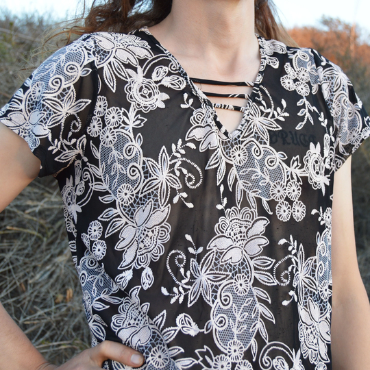 Sheer Black Floral Blouse Vintage 90S Semi Pink Beige Lotus Flower Shirt With V Neck Girl Y2K Size Medium Large