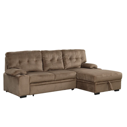 L-Shaped Upholstered Sofa Bed with Storage Chaise and Cup Holder