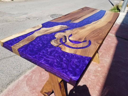 Purple Epoxy Walnut Wood Dining Table With Wooden Legs