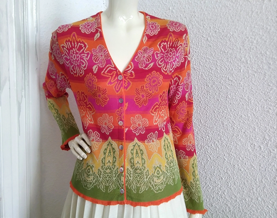 90S Colorful Cardigan Spring Floral Sweater M Size Bohemian Tapestry Bright Colors Multicolor Folk Jacquard