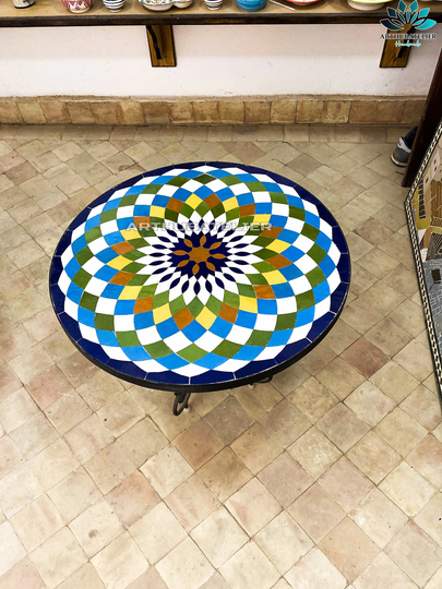 Mosaic Table Round For Outdoor & Indoor 100% Handcrafted Moroccan Tiles, Mid Century Waterproof Customizable Colors Pattern
