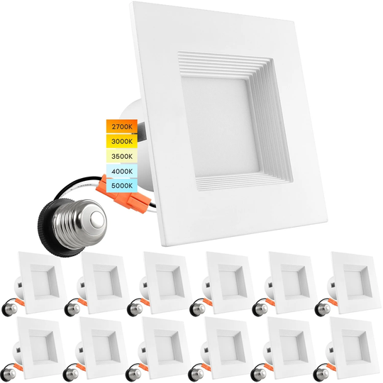 Luxrite 12 Pack 4 Inch Square Recessed LED Can Lights 5 Color Temperature Selectable Dimmable Wet Rated Baffle Trim