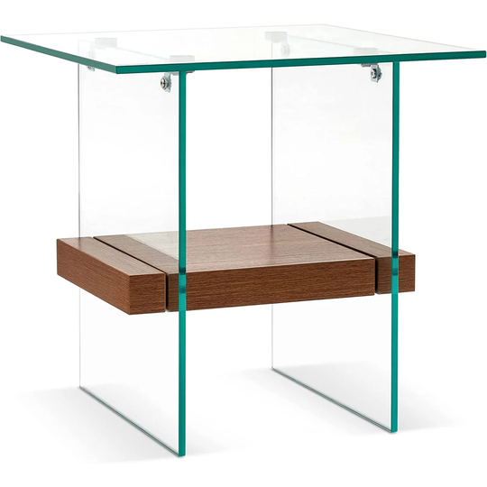 ivinta Modern Glass End Table, Small Side Table for Living Room, Clear Couch Sofa Table with Wood Storage Shelf