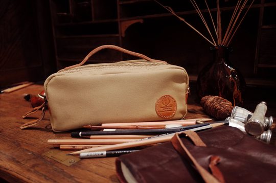 Canvas Cosmetic Bag With Handle & Strap, Pouch Two Compartments, Pencil Cases, - Khaki