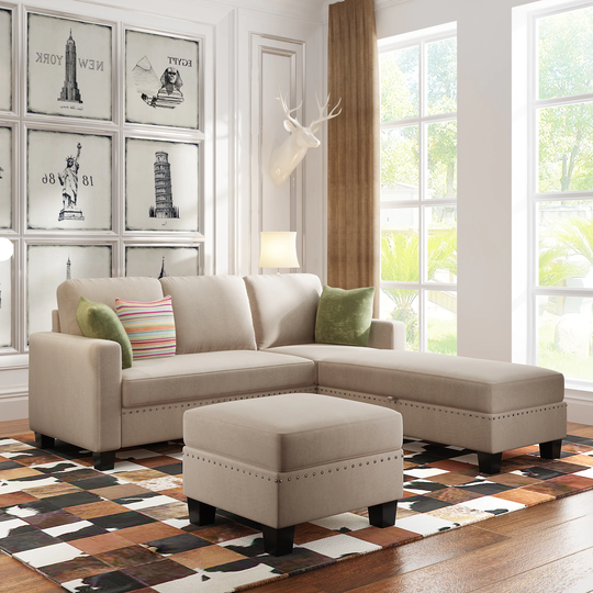 3 Pieces L-Shaped Nailheaded Textured Fabric Sofa Set Sectional Sofa with Ottoman Reversible Storage Chaise Warm Grey