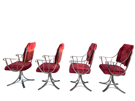 Vintage Set Of Four Chrome & Fabric Dining Chairs