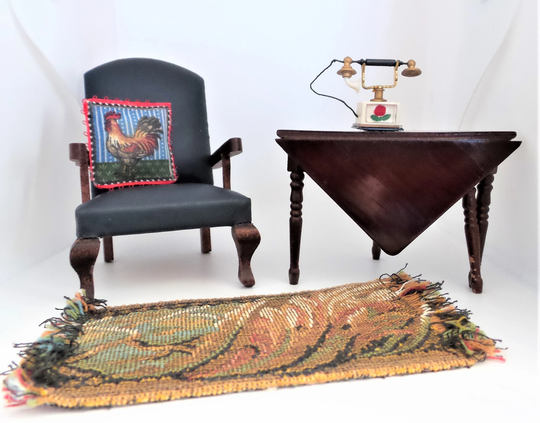 Vintage Dollhouse Club Chair With Side Table Telephone, Pillow & Rug