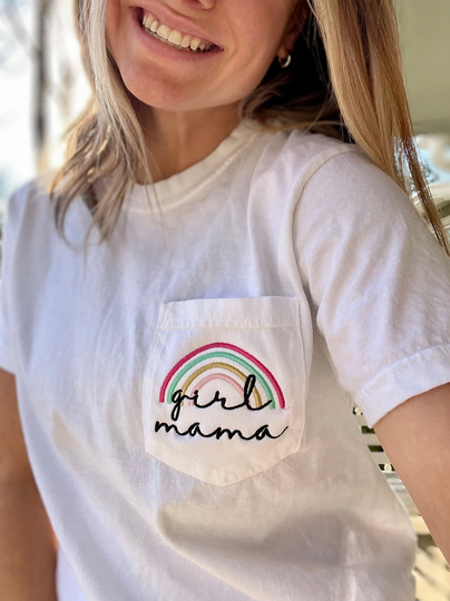 Girl Mama Rainbow Comfort Colors Pocket Tee Short Sleeve Shirt, Mom Shirt, Crewneck T-Shirt, T-Shirt