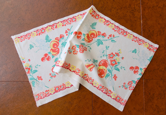 Vintage Toweling Yardage For Table Runner Or Dishtowel 39" X 17.5", Strawberries, Cherries, Peaches & Flowers, Gently Faded Vg Condition