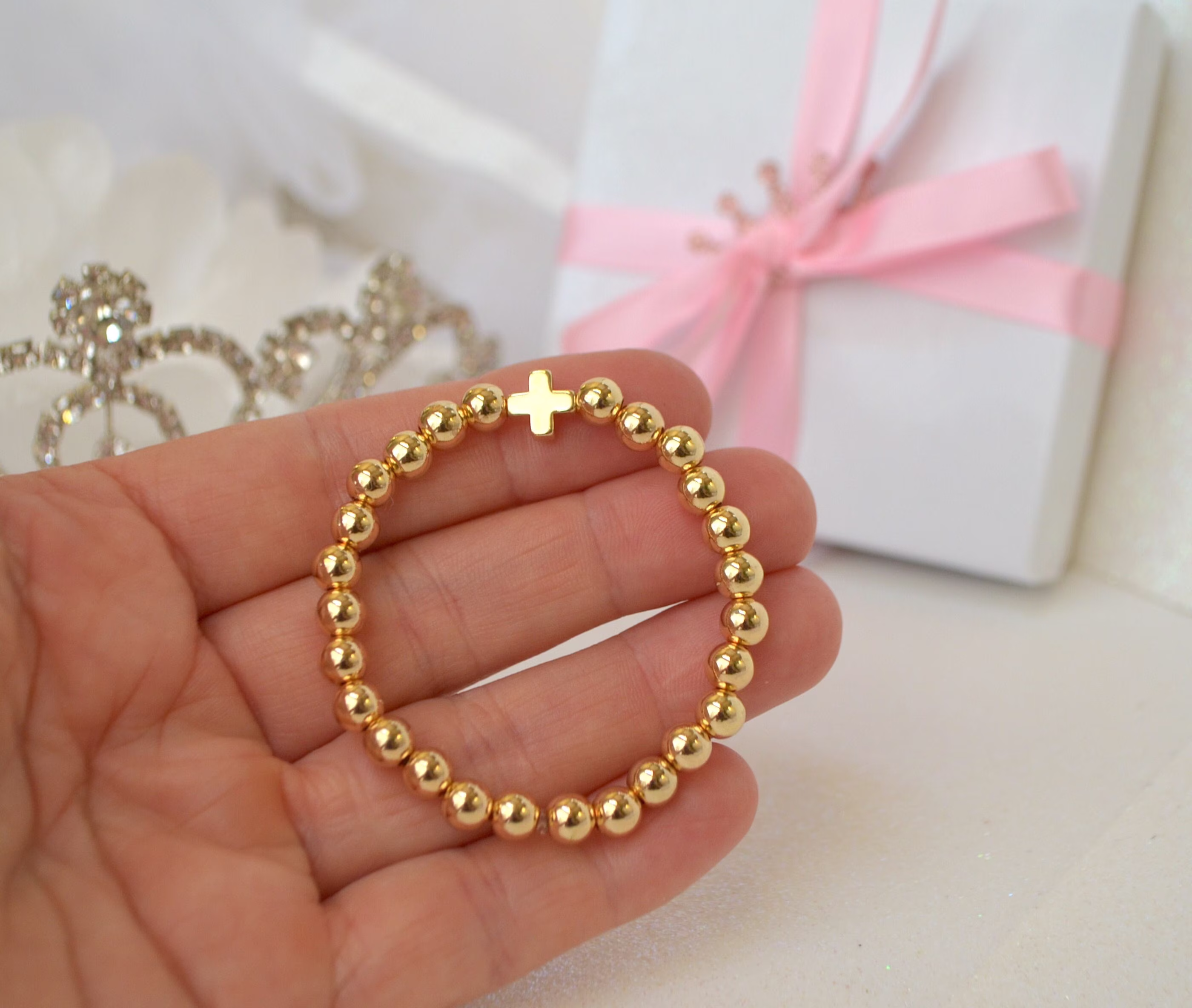 14K Gold Cross Girls & Boys Bracelet, Baptism Tiny Baby Photoshoot, Shower Gift, First Communion, Toddler Newborn Bracelet