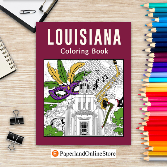 Louisiana Coloring Book, Adult Page, Painting On USA States Landmarks & Iconic, Gift For Tourist, Stress Relief Picture