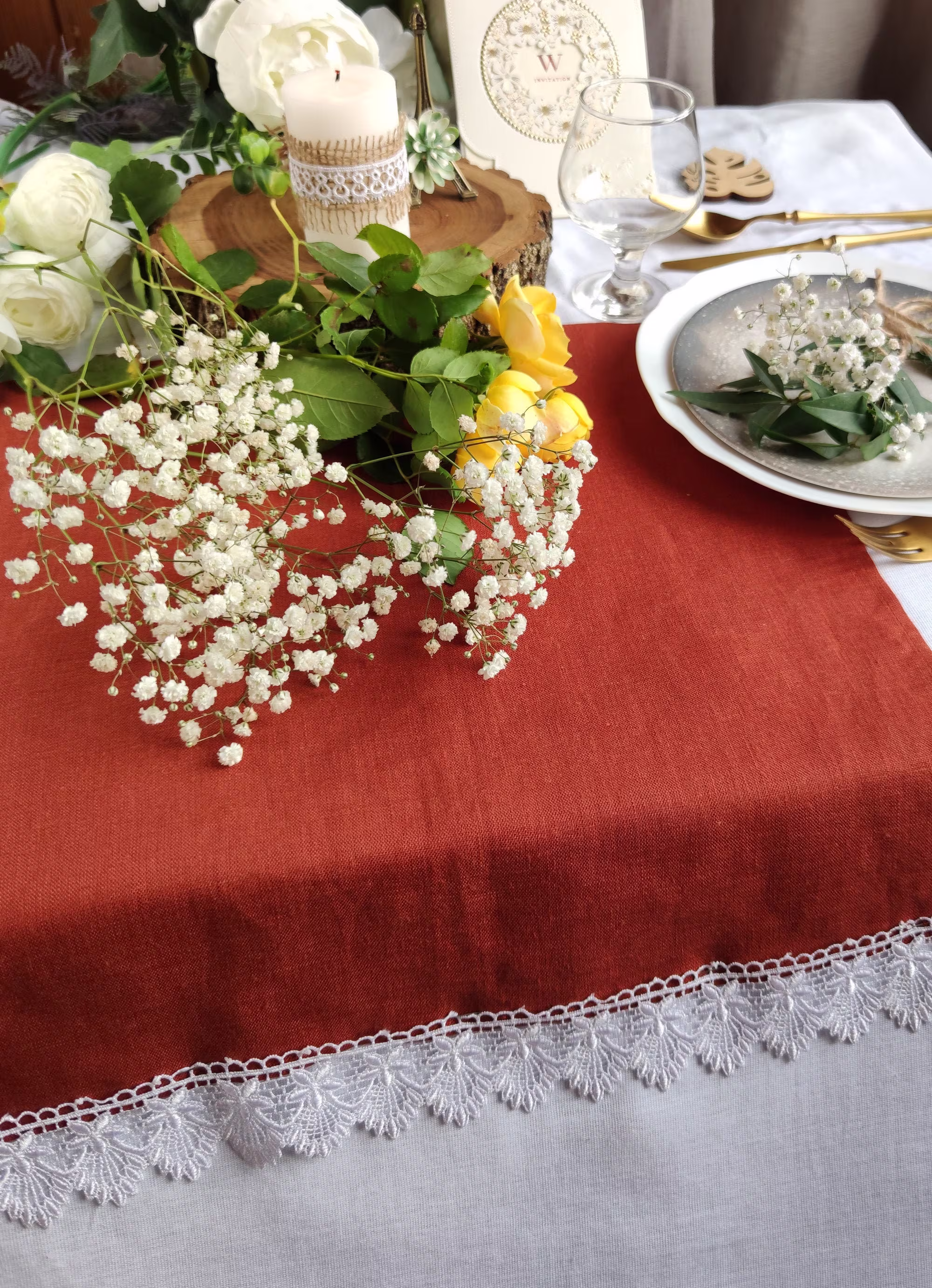 Burnt Orange Linen Table Runner With White Lace, Linen Table Decor, Terracotta Tablecloth