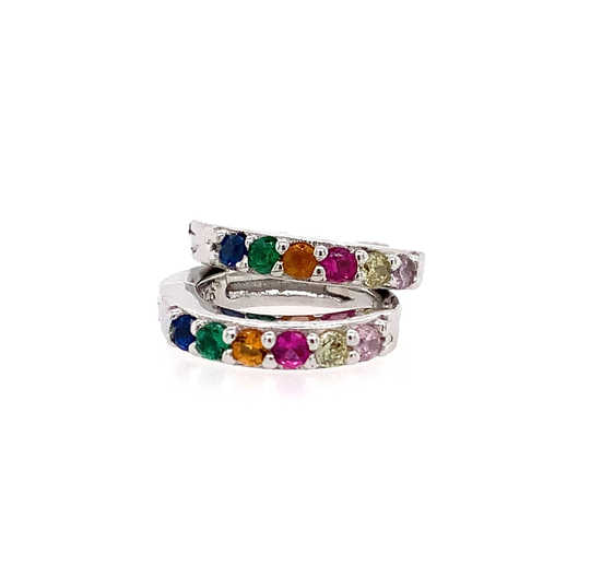 New Rainbow Color Hoop Silver Earrings/Solid Sterling 925 Modern Huggie Lever Back Colored Cz Stones Small
