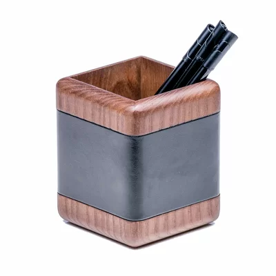 Mejias Walnut and Leather Pencil Cup in Black