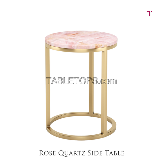 Rose Quartz Semi Precious Side Table, Living Room Gemstone Surface, Cladding, Patios Healing, Bed Table