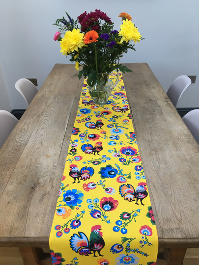 Handmade Table Runner, Folk Rooster Print, Cotton Fabric, Decor, Easter Farmhouse Bright Yellow