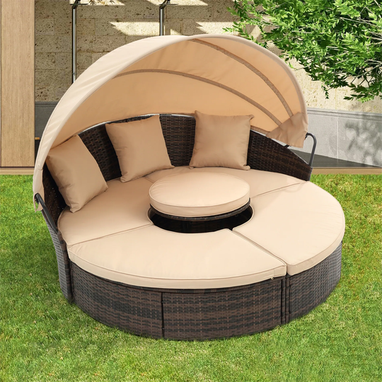 Wicker Outdoor Round Sofa Bed with Lift Coffee Table