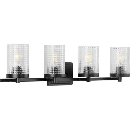 Fawcett Collection 4-Light Matte Black Clear Patterned Glass Transitional Bath Vanity Light