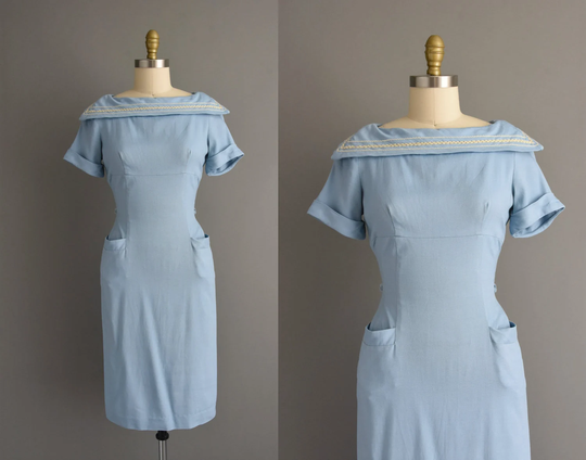 Vintage 1950S Dress | Chambray Blue Cotton Linen Summer Pencil Skirt Dress Medium 50S