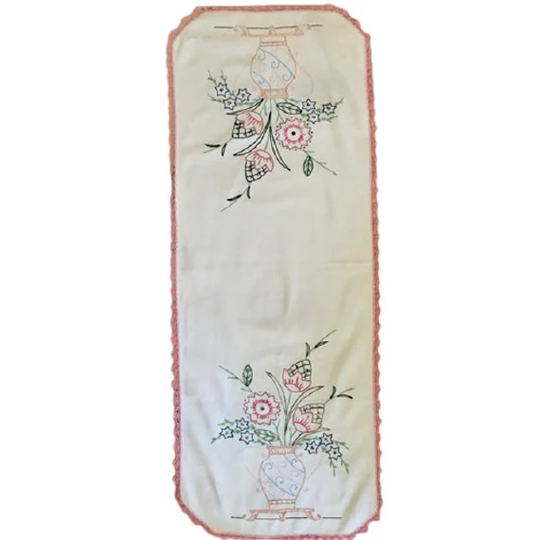 Vintage Dresser Scarf Table Runner Hand Embroidered Linen Floral