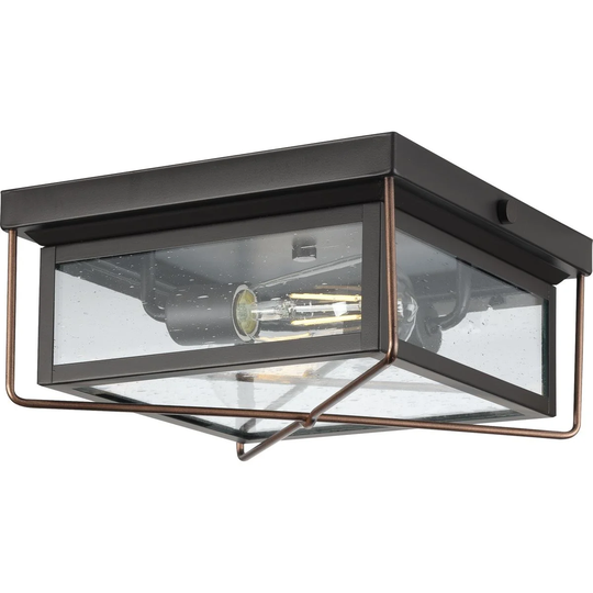 Barlowe Collection Two-Light Antique Bronze and Clear Seeded Glass Farmhouse Style Flush Mount Ceiling Light