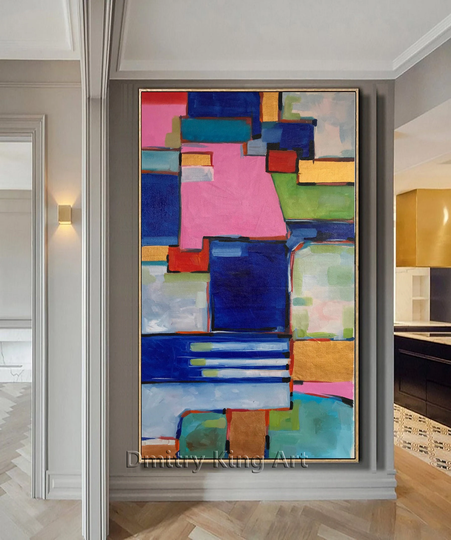 Large Abstract Painting Colorful On Canvas Pink Blue Bright Wall Art Modern Decor Original