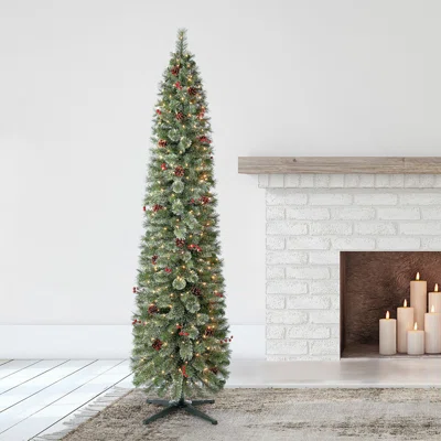 Home Heritage 7' Pencil Prelit Artificial Christmas Tree, Pine Cones & Berries