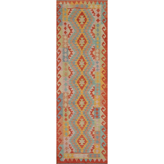 Multi-Color Geometric Kilim Runner Rug Flat-weave Wool Carpet - 2'8"x 9'6"