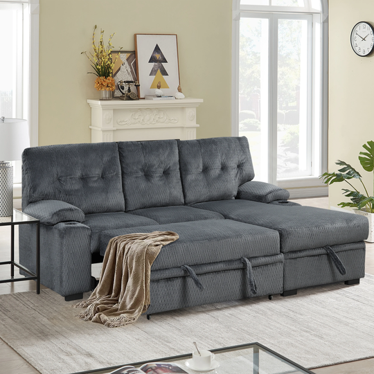 Modern Padded Upholstered Sofa Bed Reversible Sleeper Sectional Sofa with Storage Chaise and Cup Holder