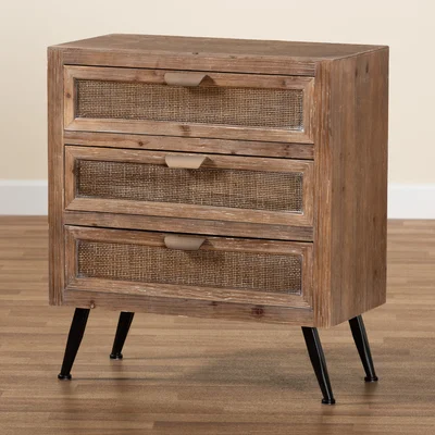 Corrigan Studio® Calida Mid-Century Modern Whitewashed Natural Brown Finished Wood And Rattan 3-Drawer Storage Cabinet