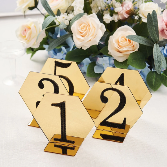 5" Gold Wedding Table Sign Holders, Hexagon Acrylic Number Stands, Geometric Decor, Modern - 5 Pack