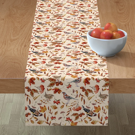 Watercolor Autumn Table Runner - Fall Forest By Utart Woodland Birds Leaves Nature Garden Cotton Sateen Spoonflower
