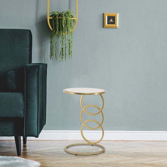 Round Side Table| Gold& White Marble| Scratch & Chip Resistant Finish| Iron/ Genuine Gold Powder Coated| 16 X 24
