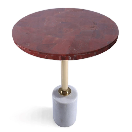 Unique Red Jasper Inlay Side Table With Metal & Marble Base