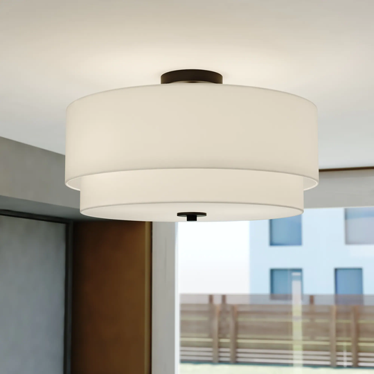 Burnaby White Linen Semi-flush Drum Ceiling Light