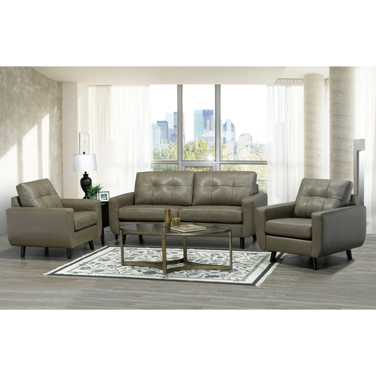 Maisie Mid Century Modern Moss Green/Grey Top Grain Italian Leather Tufted Sofa and Two Chairs