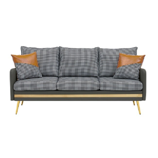 Plaid cotton-linen + leather living room sofa furniture three people sofa