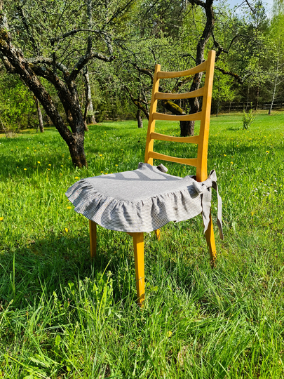 Striped Linen Chair Cover, Ruffled Stonewashed Cover With Ruffles, Shabby Rustic Slipcover